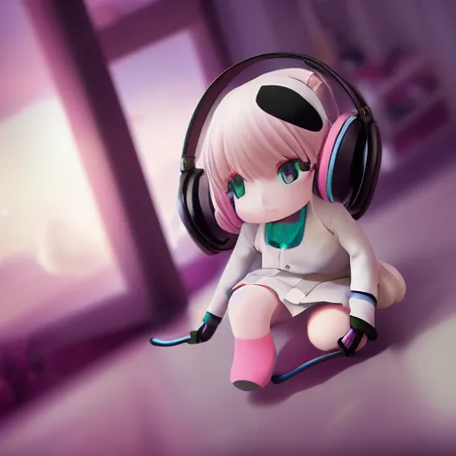 Prompt: cute fumo plush of a girl with studio headphones dabbing, anime girl, vray