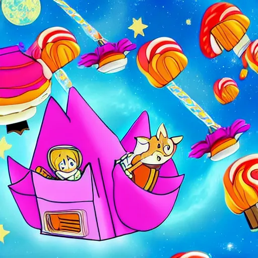 Image similar to Howl's Moving Candy Castle In Space With Flying Pigs