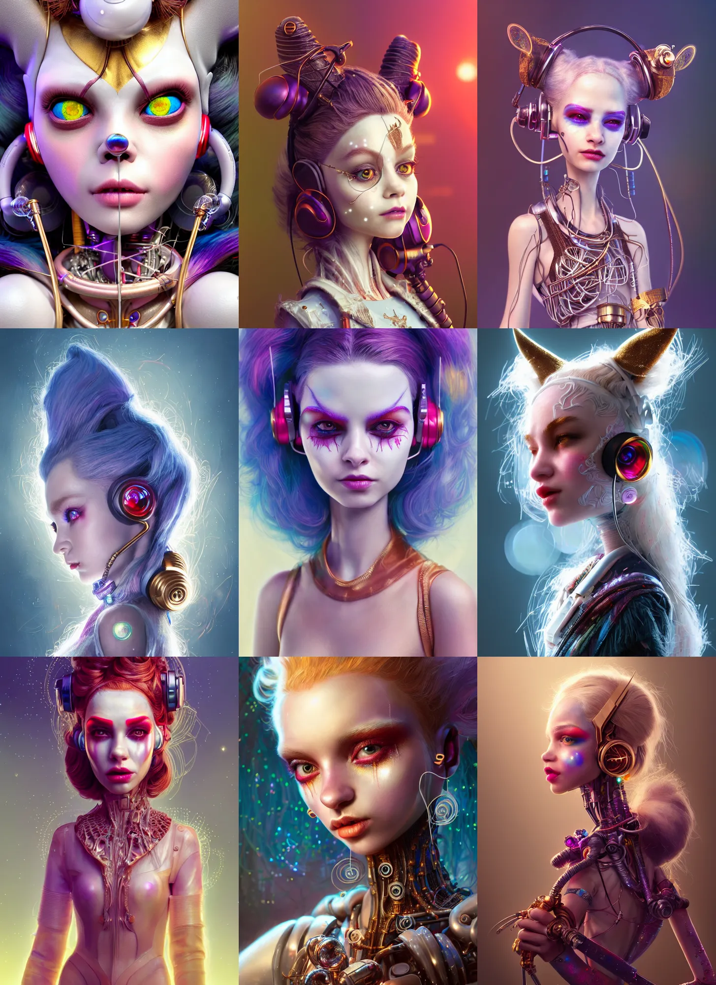 Prompt: disney weta 8 k, soft lustrous biotech raver white clowncore hot cyborg, earbuds, ( golden ratio ) details, sci - fi, fantasy, cyberpunk, intricate, decadent, highly detailed, digital painting, ever after high, octane render, artstation, concept art, smooth, sharp focus, illustration, art by pixar, loish, wlop