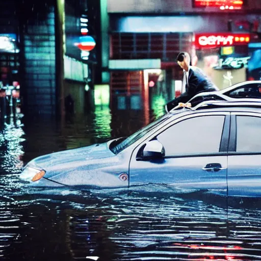 Image similar to seoul city is flooded by heavy rain. A guy with suit is sitting on the top of the A car is middle of the street flooded. Shinkai Makoto Ghibli anime style