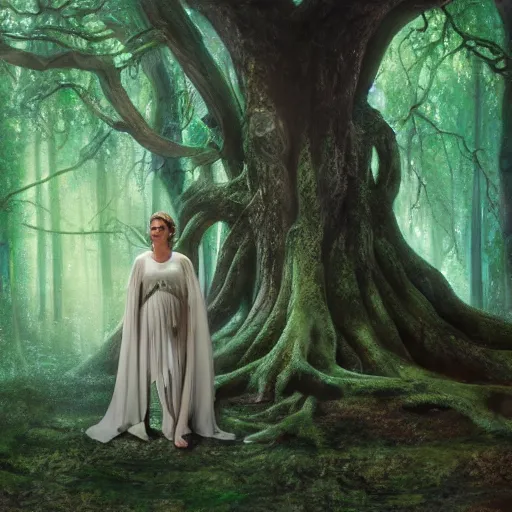 Prompt: Portrait of Carrie Fisher as a dryad, characteristic sparkling green eyes, looking straight to the camera, illuminated for rays of light, behind her is an ancient forest full of life, by Annie Leibovitz, Ellie Victoria Gale and Steve McCurry, matte painting, oil painting, naturalism, 4k, 8k