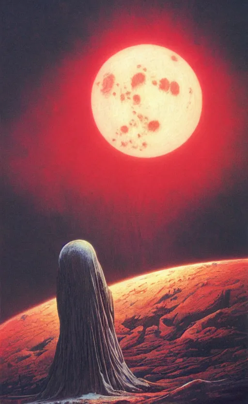 Prompt: meditation on the background of a huge crimson moon, by wayne barlowe