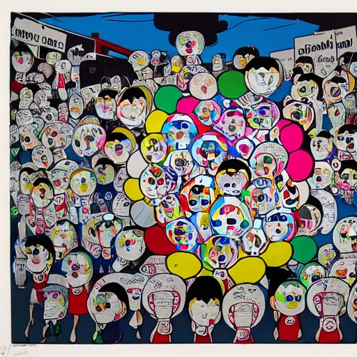 Image similar to a protest sign that says arm the homeless by takashi murakami