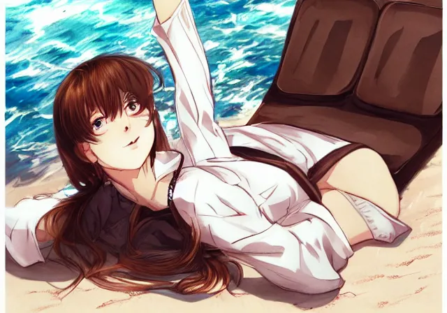 Image similar to A girl with short brown hair, wearing a white blouse, laying on a beach chair, drawn by WLOP, by Avetetsuya Studios, attractive character, colored sketch anime manga panel, trending on Artstation