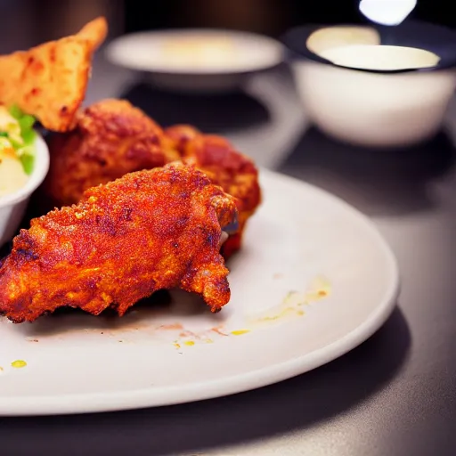 Prompt: Nashville hot chicken, HD, studio lighting, 8K, hyper realistic, michelin 5 star, award winning photo