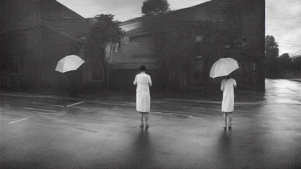 Prompt: “ a woman waiting on the corner holding an umbrella, photography by gregory crewdson ”