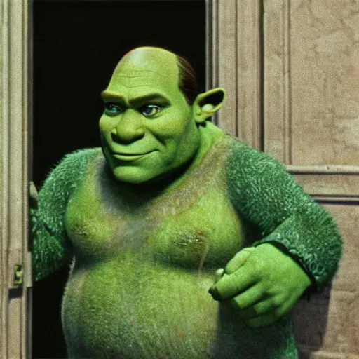 Image similar to movie still, shrek as michael in the godfather, film grain, realistic photo, technicolor, 1 9 8 0 s, old movie, 1 6 mm
