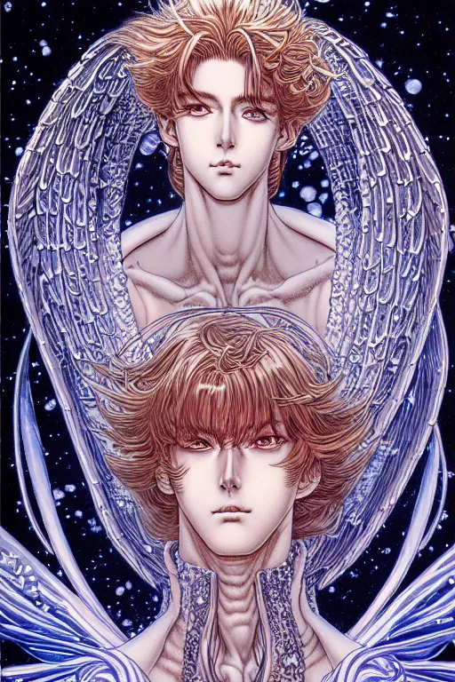 Image similar to illustration of a male angel encased in ice and crystals, intricate linework, in the style of moebius, ayami kojima, 1 9 9 0's anime, retro fantasy