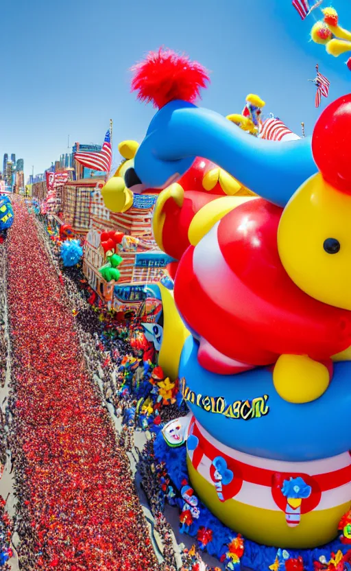 Prompt: photo of a massive elaborate cute parade float designed by dr. seuss in a huge parade, detailed 4 k photo, gigapixel, hyperdetailed