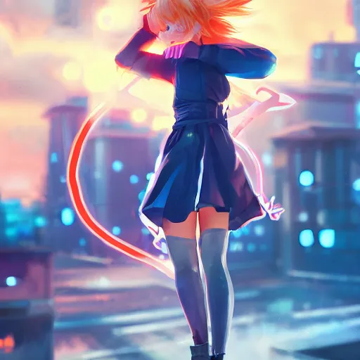 Image similar to Splash art Anime loli, blond hair with pigtails, blue coat and black shorts, she flies by using blue neon powers through the city. Cinematic sunset, faint orange light. Amazing piece Trending on Artstation