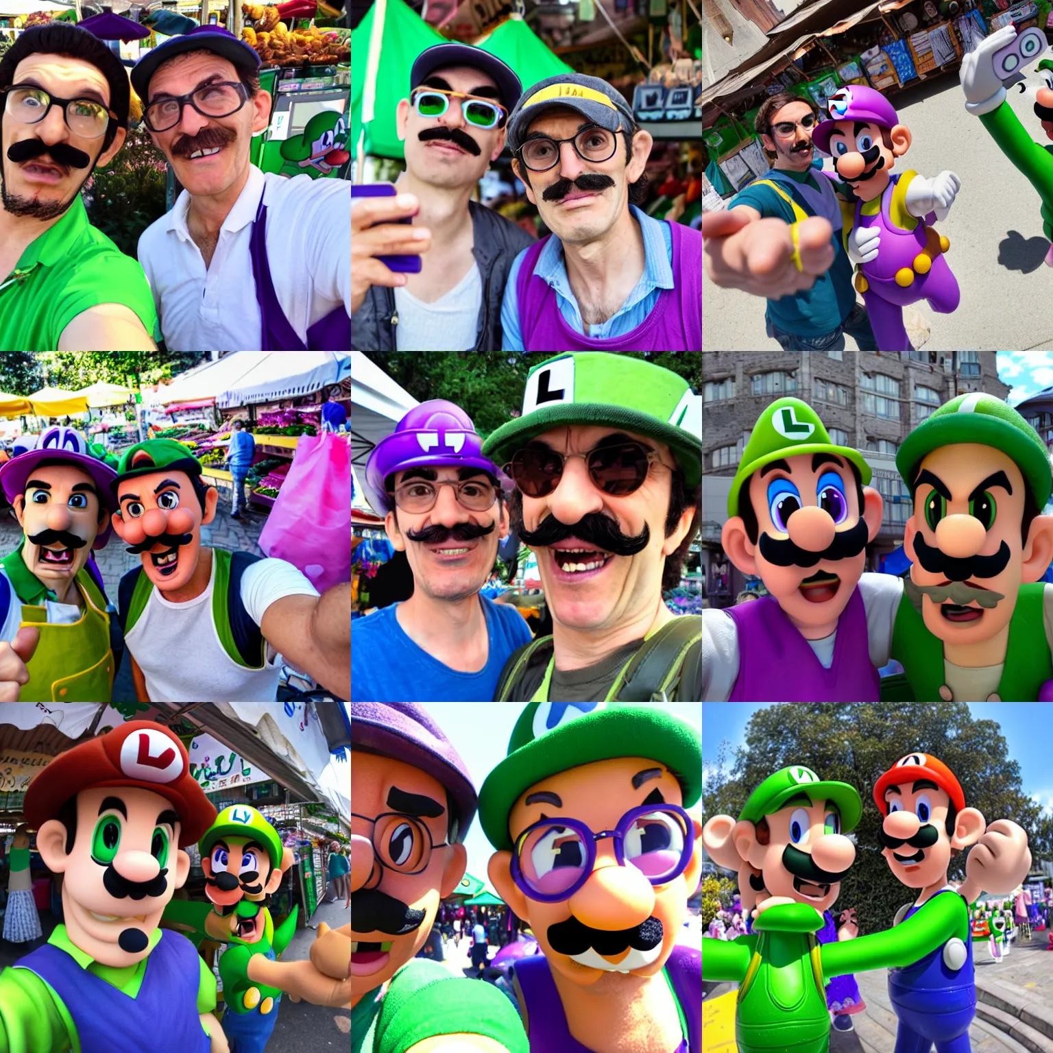 Prompt: 15mm selfie photo of luigi and waluigi at an outdoor market