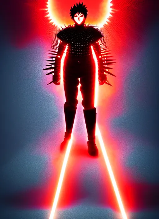 Image similar to a striking cinematic full body manga portrait of a black haired teenager wearing imposing red jagged spiked armour and glowing with red energy by hirohiko araki and beeple, fine details, digital art, character concept art, volumetric lighting, cinematic light, photorealistic