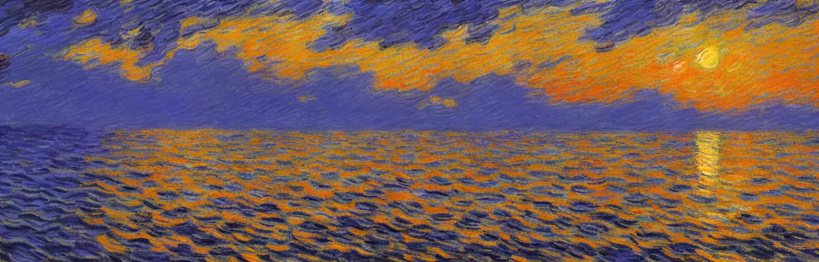 Image similar to An aesthetically pleasing, dynamic, energetic, lively, well-designed digital art of the ocean at sunset, light and shadow, by Claude Monet and Vincent Van Gogh, superior quality, masterpiece, excellent use of negative space. 8K, superior detail.