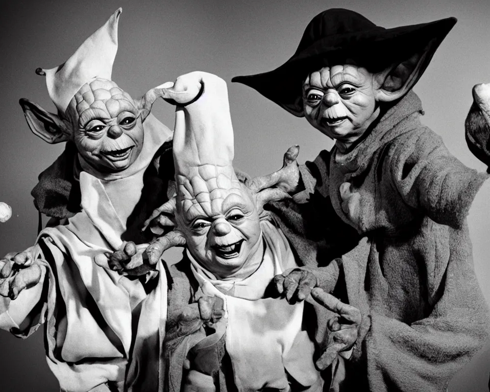 Image similar to yoda hosts a cookin show with an ugly clown, black and white