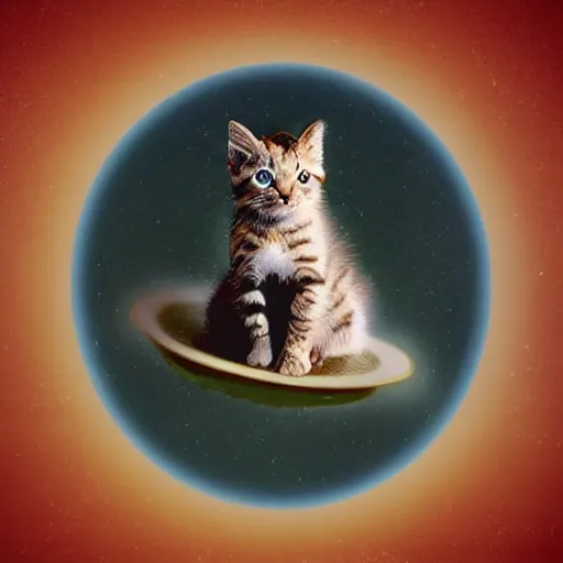 Prompt: An illustration of a fuzzy picky face kitten sitting on the top of planet earth, digital art, in the style of Norman Rockwell