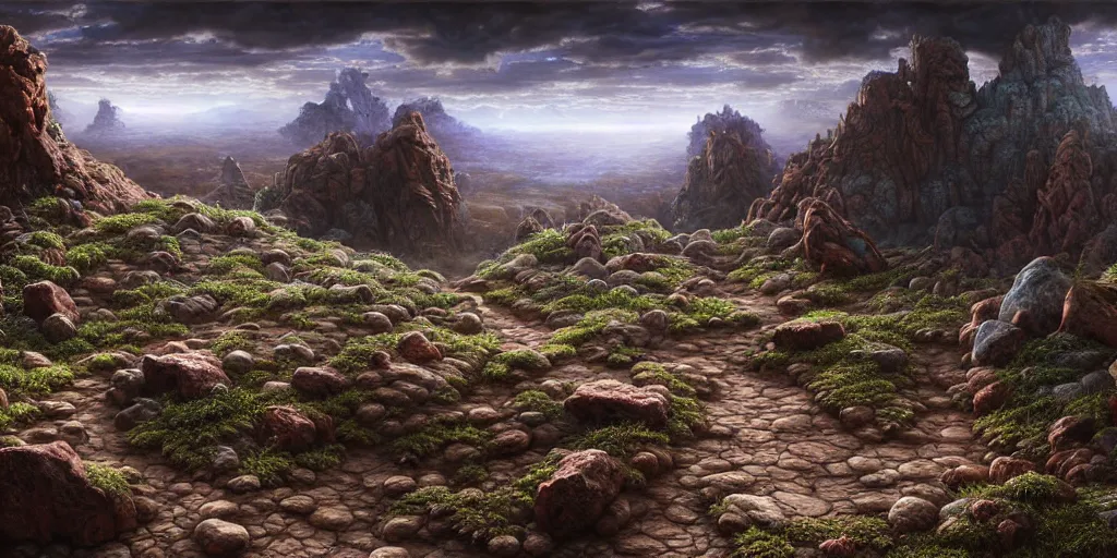 Image similar to hyperrealistic mixed media painting of a rocky dirt trail across a fantasy landscape, stunning 3d render inspired art by P. Craig Russell and Barry Windsor-Smith + dim volumetric lighting, dizzy, full body, 8k octane beautifully detailed render, post-processing, extremely hyperdetailed, intricate, epic composition, grim yet sparkling atmosphere, cinematic lighting + masterpiece, trending on artstation, very very detailed, masterpiece, stunning