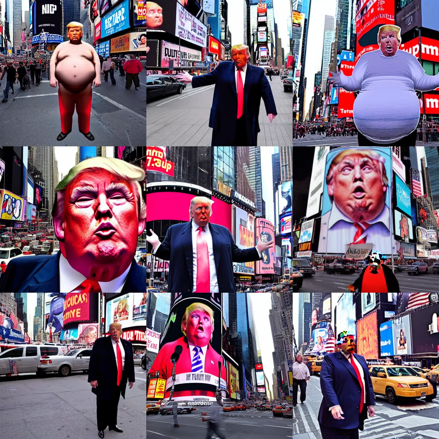 Prompt: tabloid Photograph of morbidly obese donald trump in times square