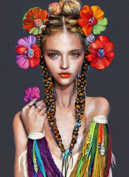 Prompt: beautiful fashion portrait of a mediterranean female wearing fantastic Hand-dyed cotton dress, embellished beaded feather decorative fringe knots ,colorful pigtail,subtropical flowers and plants,symmetrical face,intricate,elegant, highly detailed, 8k,post-processing,digital painting, trending on pinterest, arper's bazaar,concept art, sharp focus, illustration, by artgerm,Tom Bagshaw,Daniel Gerhartz,Albert Aublet,Lawrence Alma-Tadema