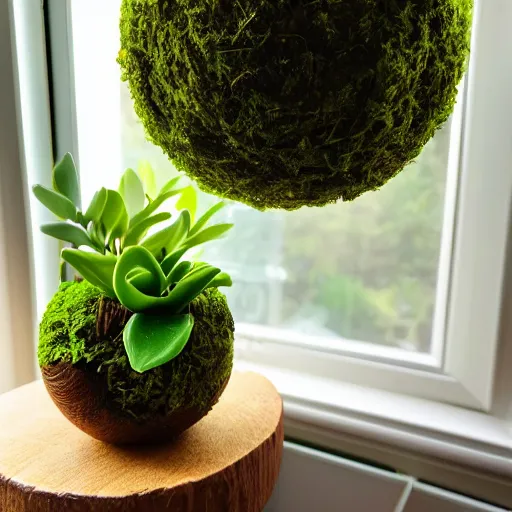 Image similar to photo of kokedama moss ball planter by window