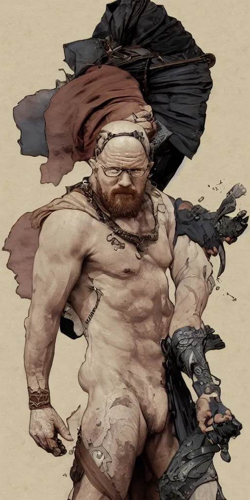 Image similar to Heisenberg as Kratos, highly detailed, digital painting, artstation, concept art, smooth, sharp focus, illustration, ArtStation, art by artgerm and greg rutkowski and alphonse mucha and J. C. Leyendecker and Edmund Blair Leighton and Katsuhiro Otomo and Geof Darrow and Phil hale and Ashley wood and Ilya repin and Charlie Bowater