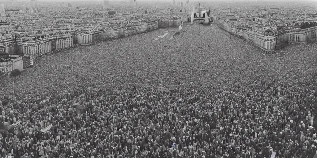 Image similar to a crowd of 6 0, 0 0 0 protesting around the eiffel tower, bird's eye view, polaroid, 6 0's, hyperrealism, no blur, 4 k resolution, ultra detailed