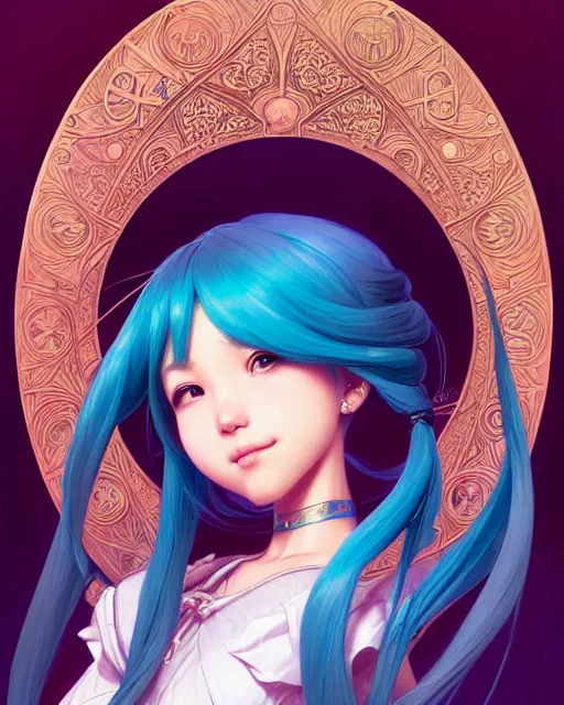 Image similar to portrait of disney hatsune miku, intricate, elegant, highly detailed, my rendition, digital painting, artstation, concept art, smooth, sharp focus, illustration, art by artgerm and greg rutkowski and alphonse mucha and uang guangjian and gil elvgren and sachin teng, symmetry!!