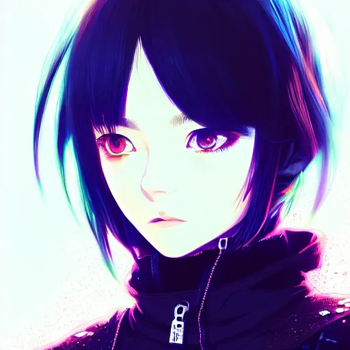 Image similar to by kyoto animation, cool girl wearing cyberpunk intricate streetwear, beautiful, detailed symmetrical close up portrait, intricate complexity, in the style of artgerm and ilya kuvshinov, cell shaded, 4 k, concept art, by wlop, krenz cushart, greg rutkowski, pixiv. cinematic dramatic atmosphere, cinematic lighting, studio quality