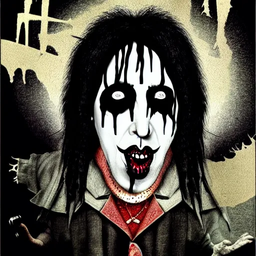 Image similar to graphic illustration, creative design, marilyn manson as alice cooper, biopunk, francis bacon, highly detailed, hunter s thompson, concept art