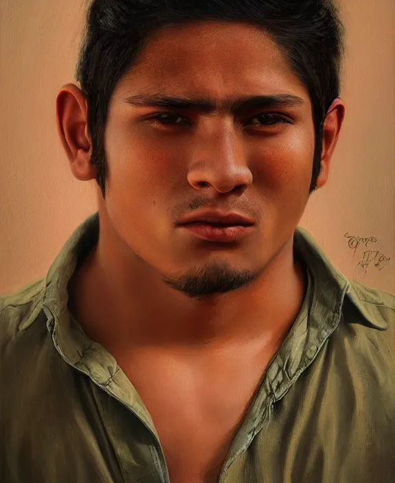 Image similar to heroic portrait of a young mexican man. art by denys tsiperko and bogdan rezunenko, hyperrealism