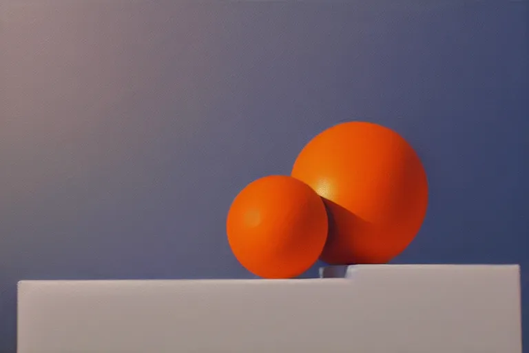 Image similar to An oil painting of an orange sphere on top of a blue cube sitting on a white table, dramatic lighting, hyper-realistic, extremely high detail, artstation