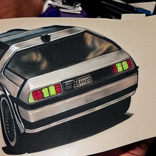 Image similar to a tatoo of delorean from back to the future,