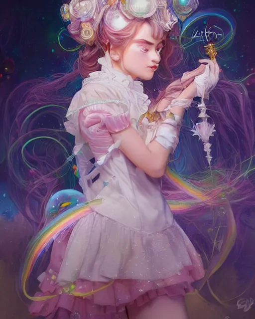 Image similar to portrait of magical lolita girl, dreamy and ethereal, expressive pose, big gold eyes, exciting expression, fantasy, intricate, elegant, many rainbow bubbles, rose tones, highly detailed, digital painting, artstation, concept art, cyberpunk wearing, smooth, sharp focus, illustration, art by artgerm and greg rutkowskiand alphonse mucha