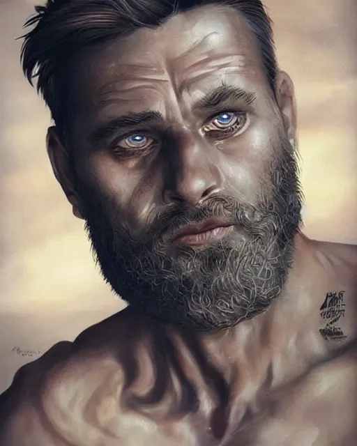 Image similar to 🥺😰 portrait of muscular, tired and alcoholic 3 0 - year - old handsome man with short darkblonde hair, serious sad look in his eyes, dirty beard, blue eyes, crying, wearing dirty soldier uniform, on the desert, hyper realistic face, beautiful eyes, character art, art by mark brooks, hyperdetailed, cryengine, trending on artstation, digital art
