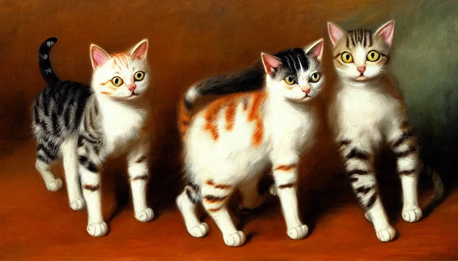 Prompt: highly detailed painting of cats with really really tall legs by william turner, thick brush strokes and visible paint layers, 4 k resolution