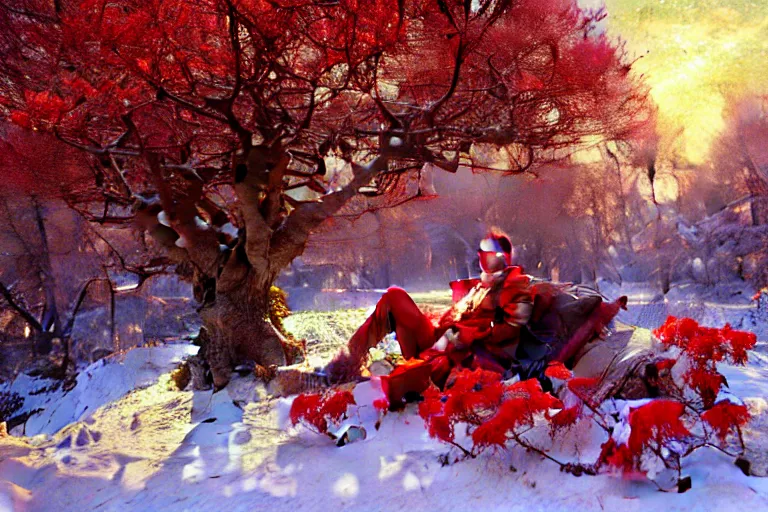 Image similar to winter, a clean - shaven white businessman relaxing under a world tree with red flowers, ground covered with snow, extreme long shot, fantasy, painting by gaston bussiere, craig mullins, j. c. leyendecker, trending on artstation