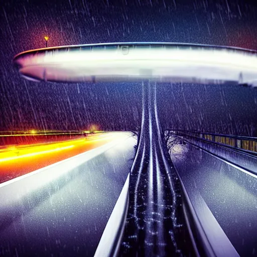 Image similar to realistic futuristic time machine at night in the rain flying over the highway