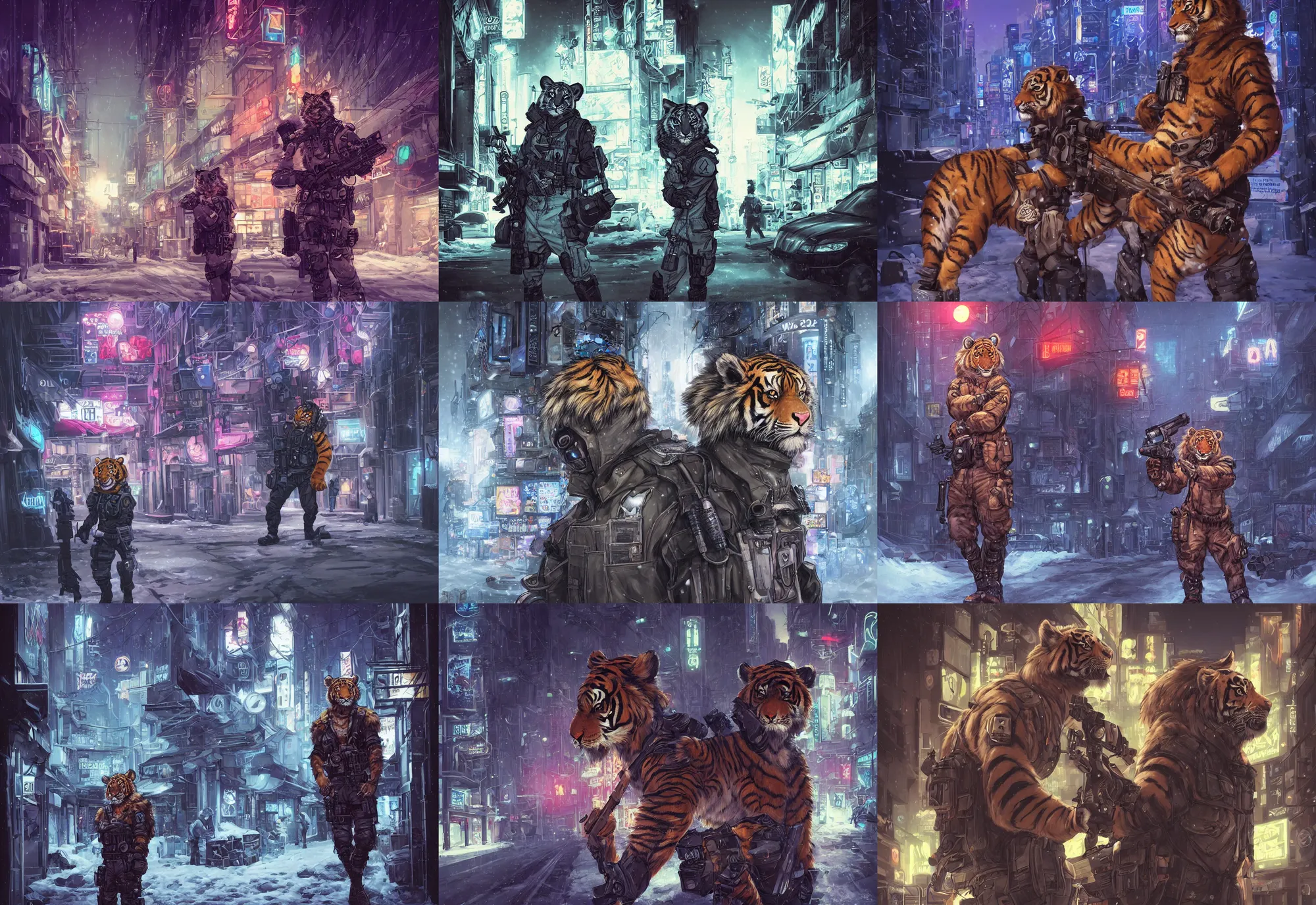 Image similar to beautiful furry art portrait commission of a male furry anthro tiger fursona wearing a tactical swat uniform in the streets of a cyberpunk city at night in the snow. neon signs. character design by charlie bowater, ross tran, artgerm, and makoto shinkai, detailed, inked, western comic book art