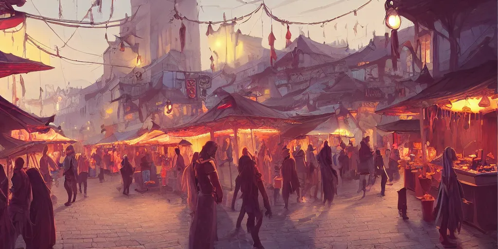 Prompt: a busy fantasy street night market from within a fascinating old city, by Sylvain Sarrailh, by Sebastian Luca, by Nicodemus Yang-Mattisson, cinematic, simple but effective composition, clean lines, beautiful digital painting, oil painting, dungeons and dragons, lord of the rings