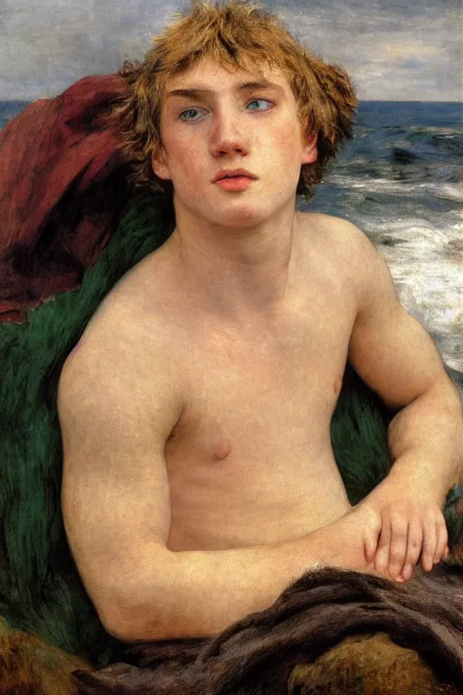 Prompt: super close up portrait of a frowning young irish adolscent 2 0 years old irish man shirtless in the cold cold sea at winter, by annie leibowitz, bouguereau, manet, renoir