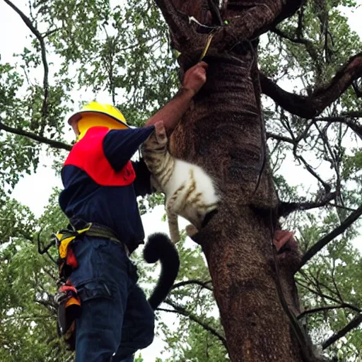 Image similar to a fireman rescuing a cat from a tree
