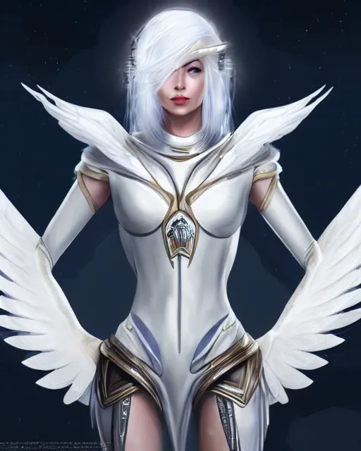 Image similar to perfect white haired attractive egyptian goddess with huge white dove wings, warframe armor, beautiful, symmetric, dreamy, half asian, pretty face, blue eyes, detailed, scifi platform, laboratory, charlize theron, 4 k, ultra realistic, epic lighting, android body, illuminated, cinematic, masterpiece, art by akihito tsukushi, voidstar