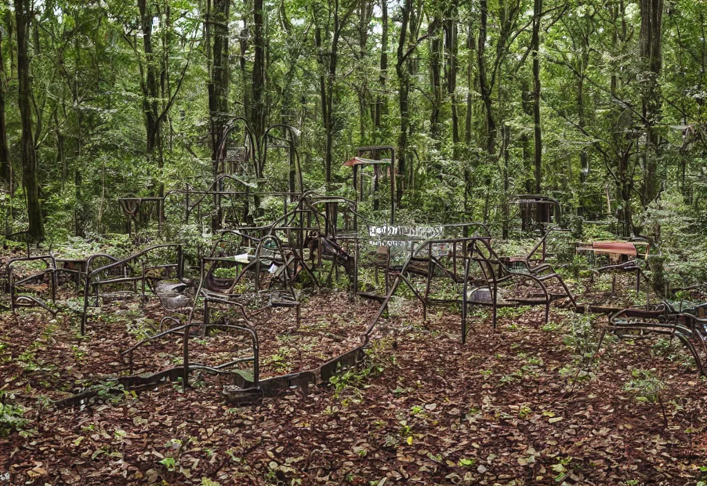 Image similar to an abandoned creepy playground in the middle of a dense forest, high detail