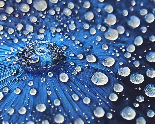 Image similar to a blue flower with water droplets on it, a macro photograph by kume keiichiro, trending on unsplash, photorealism, photo taken with ektachrome, photo taken with provia, shallow depth of field