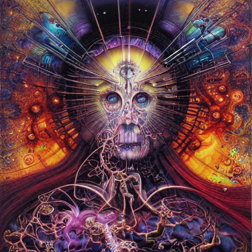 Prompt: realistic detailed image of triumphant technological machine nightmare god by lisa frank, ayami kojima, amano, karol bak, greg hildebrandt, and mark brooks, neo - gothic, gothic, rich deep colors. beksinski painting, part by adrian ghenie and gerhard richter. art by takato yamamoto. masterpiece