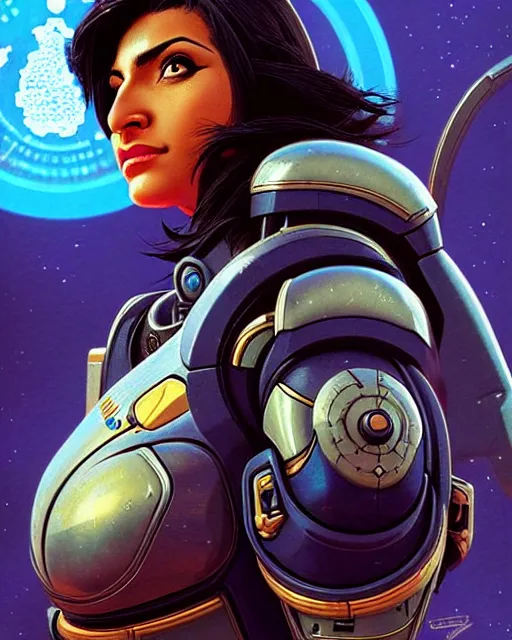 Image similar to pharah from overwatch, character portrait, portrait, close up, concept art, intricate details, highly detailed, vintage sci - fi poster, retro future, in the style of chris foss, rodger dean, moebius, michael whelan, and gustave dore