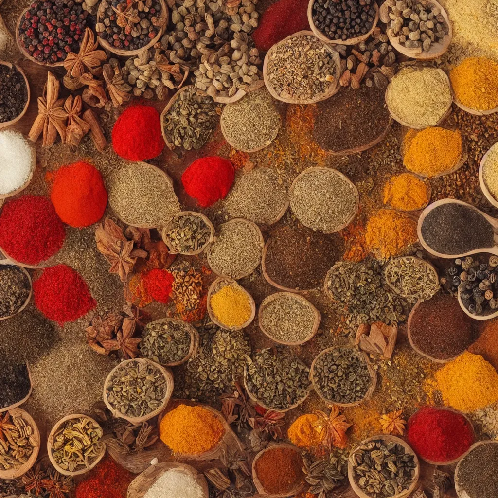 Prompt: close-up view of spices on top of a wooden table, 8k, high detail, photorealistic, proper shading