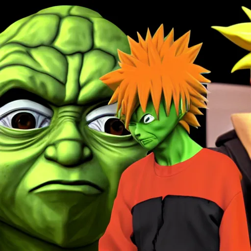 Image similar to 3 d render yoda kissing naruto uzumaki