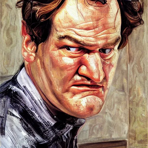 Image similar to high quality high detail painting by lucian freud, hd, portrait of tarantino