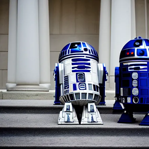 Image similar to portrait of r 2 - d 2 and c 3 p 0 in front of the whitehouse