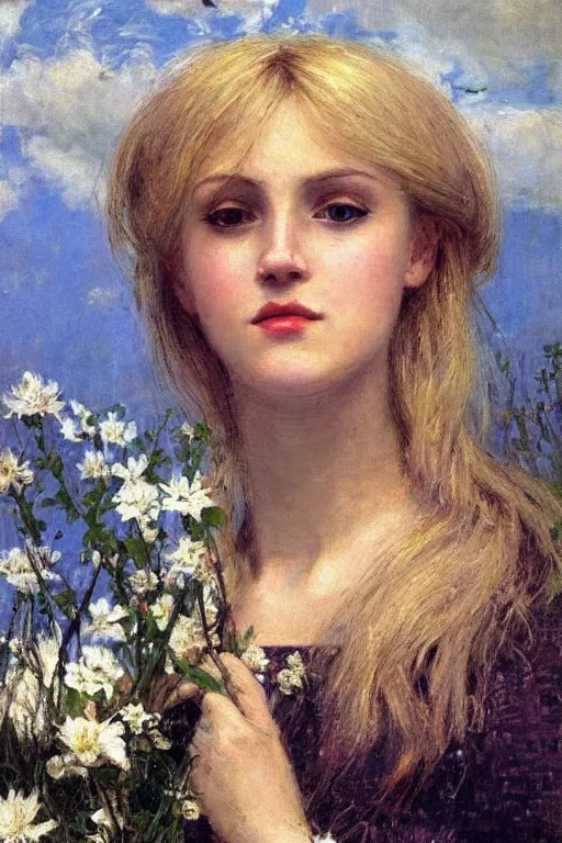 Image similar to close - up fashion blonde woman portrait airy flowers cloudy sky art by vasnetsov